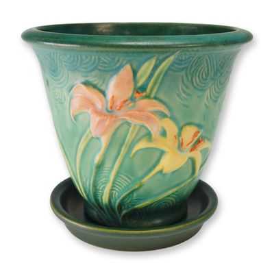 2pc Roseville Pottery Flowerpot with Saucer, Zephyr Lily