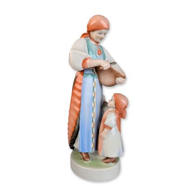 Polychrome Porcelain Mother and Child Folk Figurine
