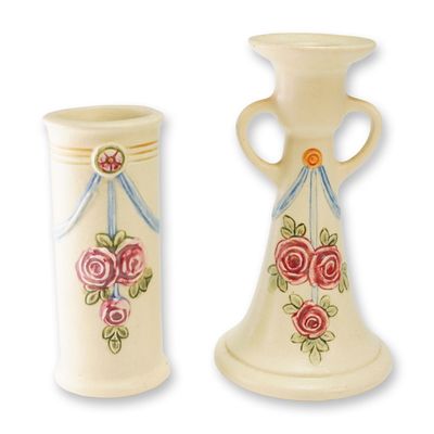 Two Weller Pottery Candlestick and Bud Vase, Roma