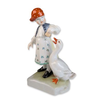 Herend Hungarian Hand-Painted Porcelain Girl with Goose Figurine