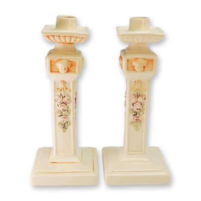 Weller Pottery Pair of Ceramic Pillar Candlesticks, Cherub Rose Relief