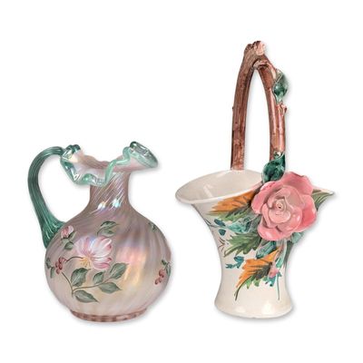 2pc Fenton Opalescent Glass Pitcher and Italian Ceramic Basket