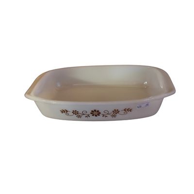 Dynaware Pyr-O-Rey rectangular milk glass casserole dish in the retro Brown Daisy pattern.