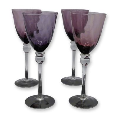 4Pc Royal Albert Lavender Bowl, Clear Ball Stem, Mouth Blown Water Goblets, 8.75"H