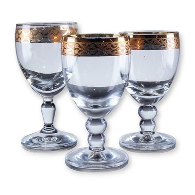 Sale Photo Thumbnail #199: 3pc Gold Rim Crystal Wine Glasses