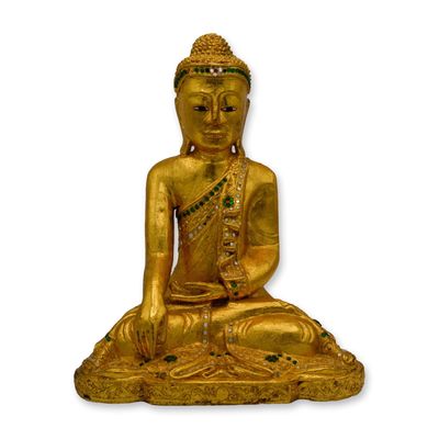 Sale Photo Thumbnail #87: Garden Buddha, Meditating, Wood Carved W/Gold Gilt, Vintage