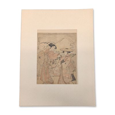 Sale Photo Thumbnail #215: Katsukawa Shunsho (Japanese, 1726-1792), Woodcut on Paper, Michiyuki, Signed