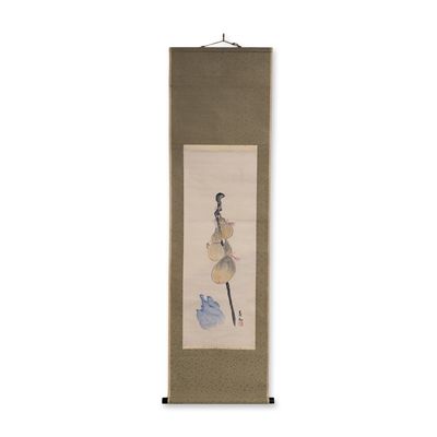 Sale Photo Thumbnail #218: Japanese Hanging Scroll, Ink & Pigments on Paper, Gourds and Staff, Signed w/ Seal