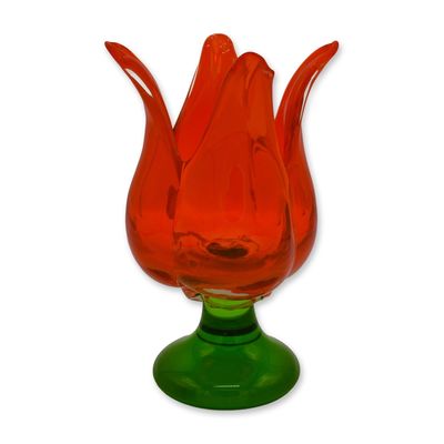 Sale Photo Thumbnail #55: Bird Brain Art Glass Hand Blown Glass Tulip Vase, Orange W/Green Base