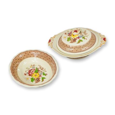 Sale Photo Thumbnail #330: 2pc Ridgways Plymouth Pattern Earthenware Lidded Bowl and Serving Dish