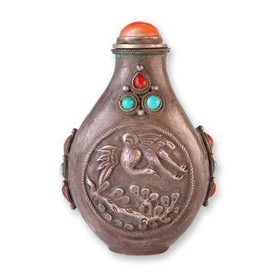 Sale Photo Thumbnail #11: Mongolian Silver Repousse Snuff Bottle, Crane and Branch