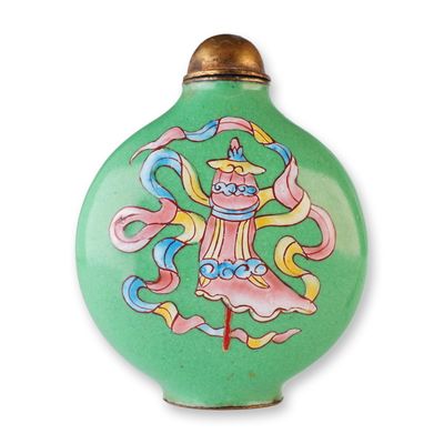 Sale Photo Thumbnail #303: Canton Enamel Snuff Bottle, Parasol and Ribbons, Green Ground