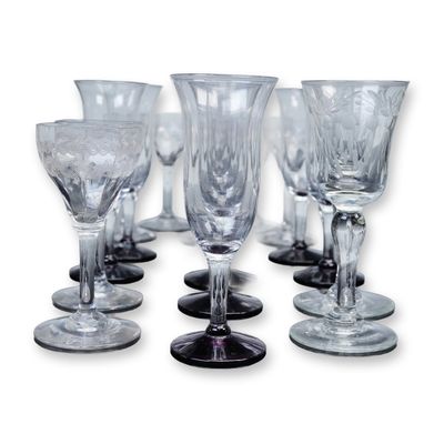 Sale Photo Thumbnail #59: 17pc Etched and Cut Cordial Stemware Glasses