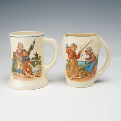 Sale Photo Thumbnail #182: 2pc Unmarked Dutch-Inspired Mugs, Fishing & Goose Girl Designs