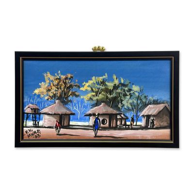 Sale Photo Thumbnail #96: F.K. Mwale, African Village Scene, Gouache on Canvas, 1983
