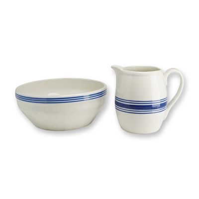 Sale Photo Thumbnail #184: USA Heritage Blue Stripe Stoneware Pitcher and Bowl Set