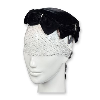 Sale Photo Thumbnail #404: Vintage 1950s Black Velvet Pillbox Hat with Birdcage Veil and Rhinestones