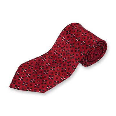 Sale Photo Thumbnail #401: J Hane Barnes Mens Red Silk Geometric Medallion Tie, Made in Japan