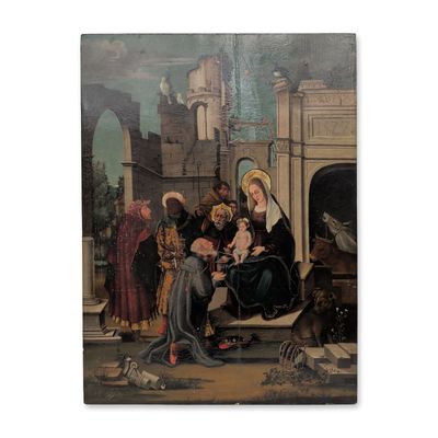 Sale Photo Thumbnail #88: Catalan School 16th Century Oil Painting on Wood Board The Adoration of the Magi