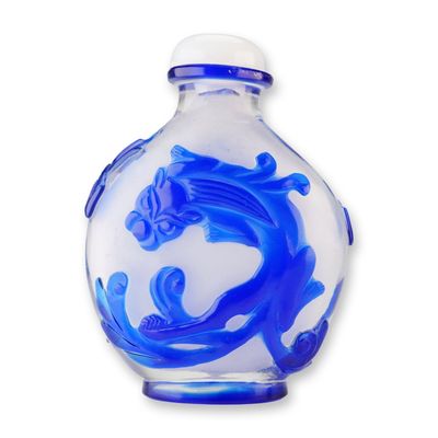 Sale Photo Thumbnail #20: Peking Glass Snuff Bottle, Blue Overlay Chilongs