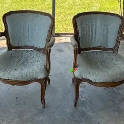 Pair Vintage Louis XV Style Carved Fauteuil Armchairs