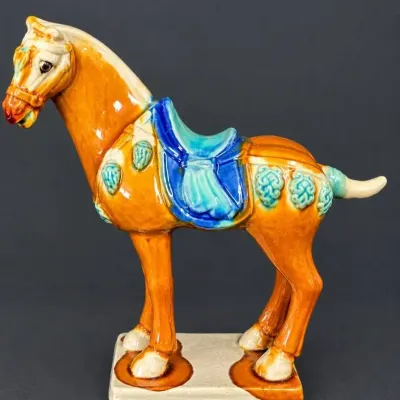 Vintage Chinese Tang Style Ceramic War Horse Drip Glaze Statue 