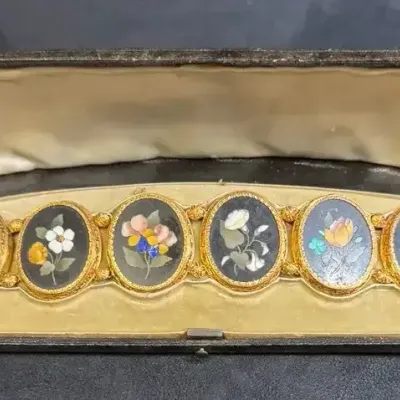 Victorian Italian Pietra Dura Floral Bracelet w/ Fitted Case