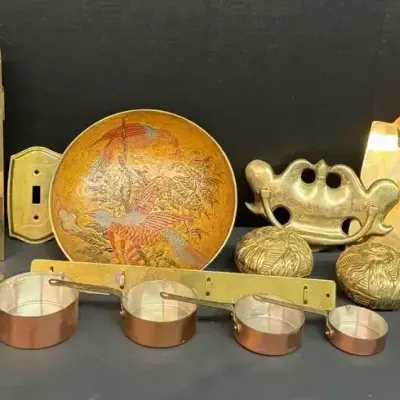 Vintage Brass & Copper Décor, Measuring Cups & Bird Bowl