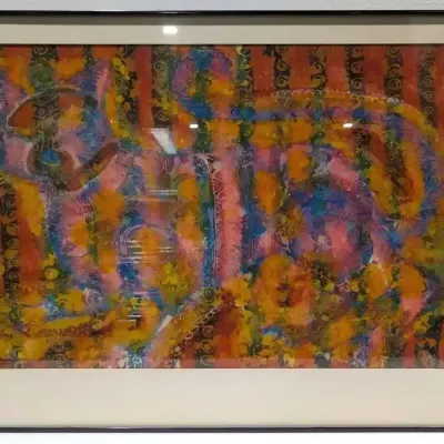Colorful Batik Cat On Fabric In Matted Frame