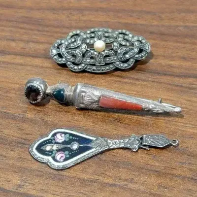 Trio Art Deco Brooches & Pendant, 2 Sterling W Marcasite, Enamel + More
