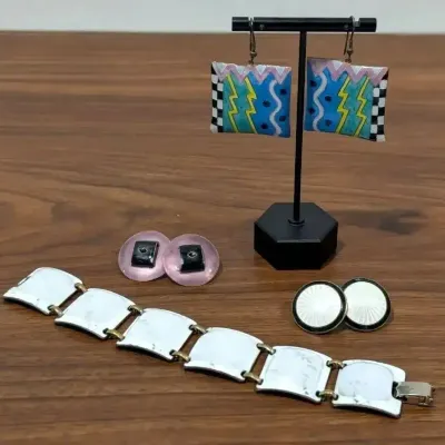 Group Of Sterling Silver Enamel Earrings & Kay Denning Enamel Bracelet