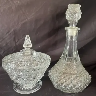 Vintage Anchor Hocking Wexford Decanter & Lidded Candy Dish