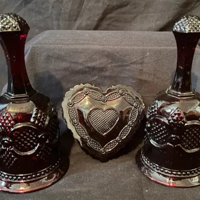 Vintage Avon Ruby Red Glass Bells & Heart Trinket Box