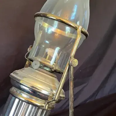 Vintage Tilting Silver-Toned Ship Oil Lamp With Glass Chimney