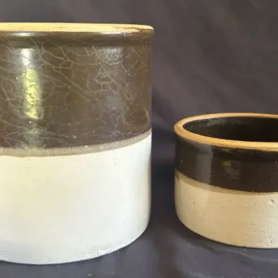 Set of 2 Vintage Two-Tone Stoneware Crocks