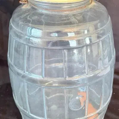 Vintage Glass Barrel Piggy Bank With Wooden Handle
