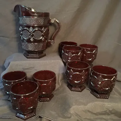 Vintage Avon Ruby Red Cape Cod Pitcher & 8 Tumblers