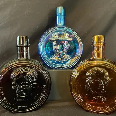 Vintage Presidential Figural Glass Decanters - John Tyler, William Henry Harrison & Woodrow Wilson