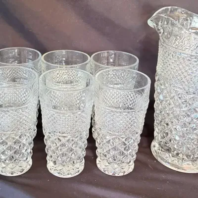 Vintage Anchor Hocking Wexford Iced Tea Set With Pitcher - 9 Pieces