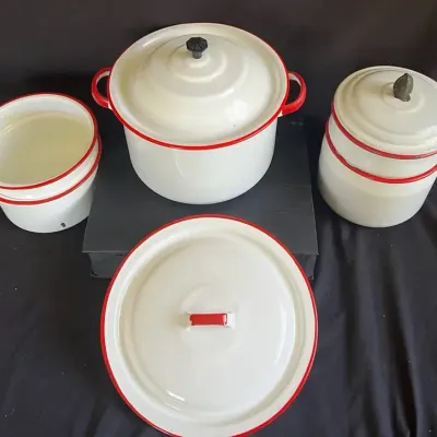 Vintage U.S. Standard White & Red Enamelware Cookware Set