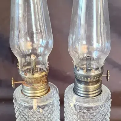 2 Vintage Glass Diamond Cut Oil Lamps 
