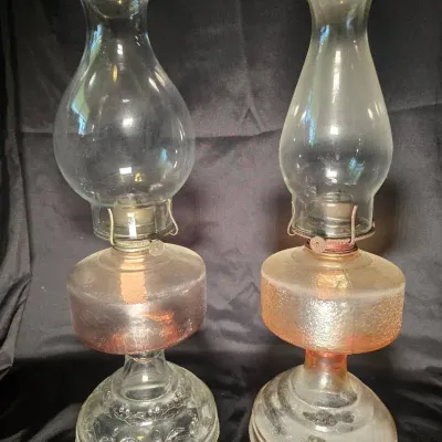 Pair of Vintage Clear & Amber Glass Oil Lamps