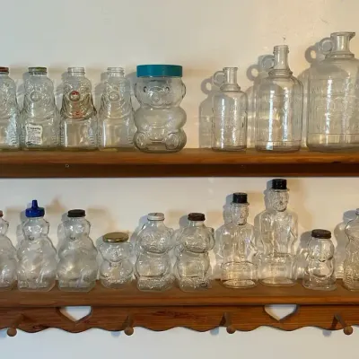Vintage Figural Glass Bank & Bottle Collection With Wooden Display Shelf
