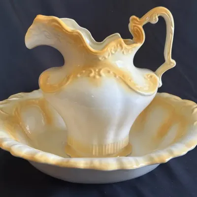 Vintage Cream & Yellow Ceramic Pitcher and Wash Basin Set