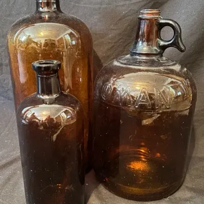 Vintage Amber Brown Glass Bottles & ROMAN Jug