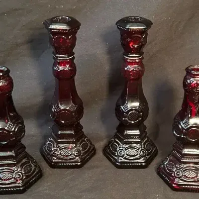 Avon 1876 Cape Cod Ruby Red Glass Candlesticks - Set of 4