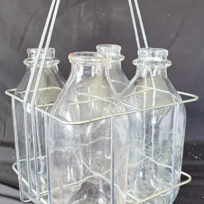 4 Vintage Glass Milk Bottles With Metal Carrier