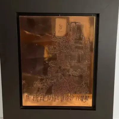 Framed Copper-Tone Embossed Cityscape Artwork