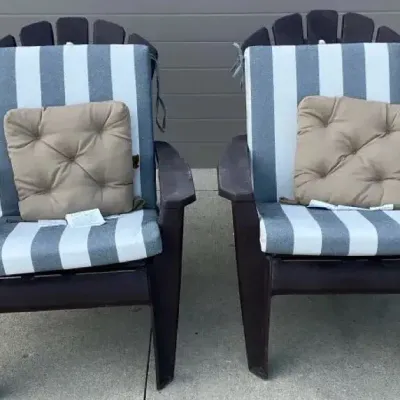 Pair of Plastic Outdoor Adirondack-Style Chairs with Cushions