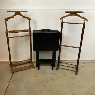 Two Wooden Valet Stands and Folding Tray Tables